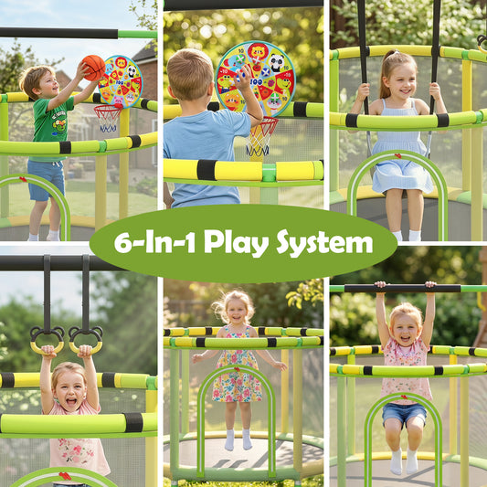 Costway 55 Inch Trampoline for Kids with Enclosure 6-in-1 Indoor Outdoor Toddler Trampoline-Green