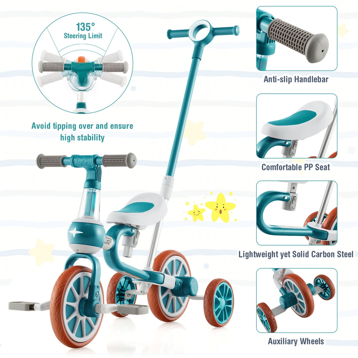4 In 1 Kids Trike | Adjustable Push Handle | Green | Ages 2-4