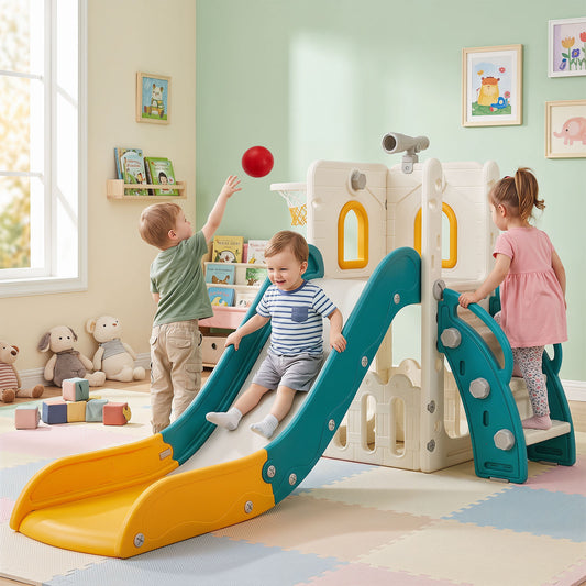 6-in-1 Yellow Toddler Slide Set | Climber Basketball Hoop