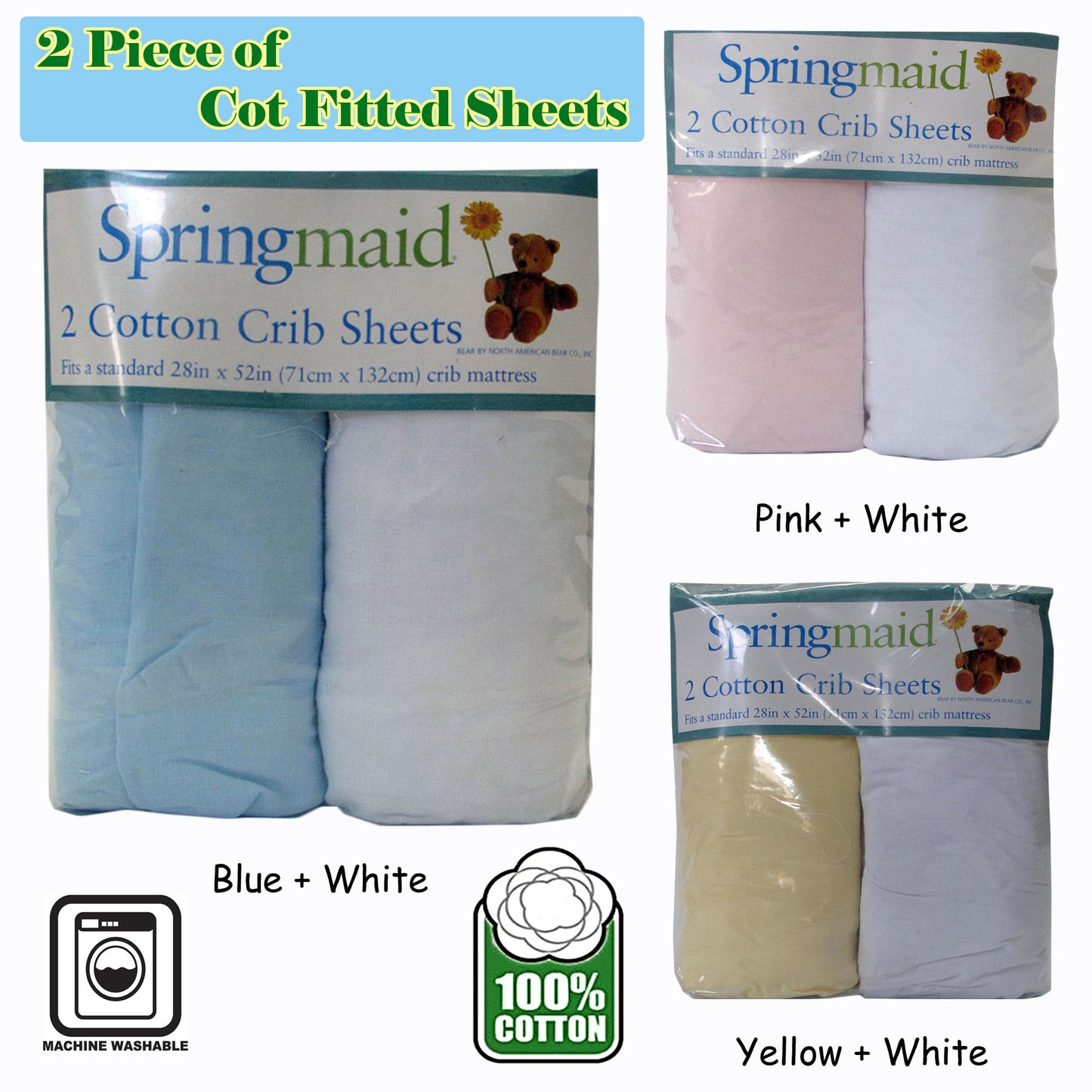 Blue & white cotton baby cot fitted sheets, 2-pack – cozy, soft bedding for infants.