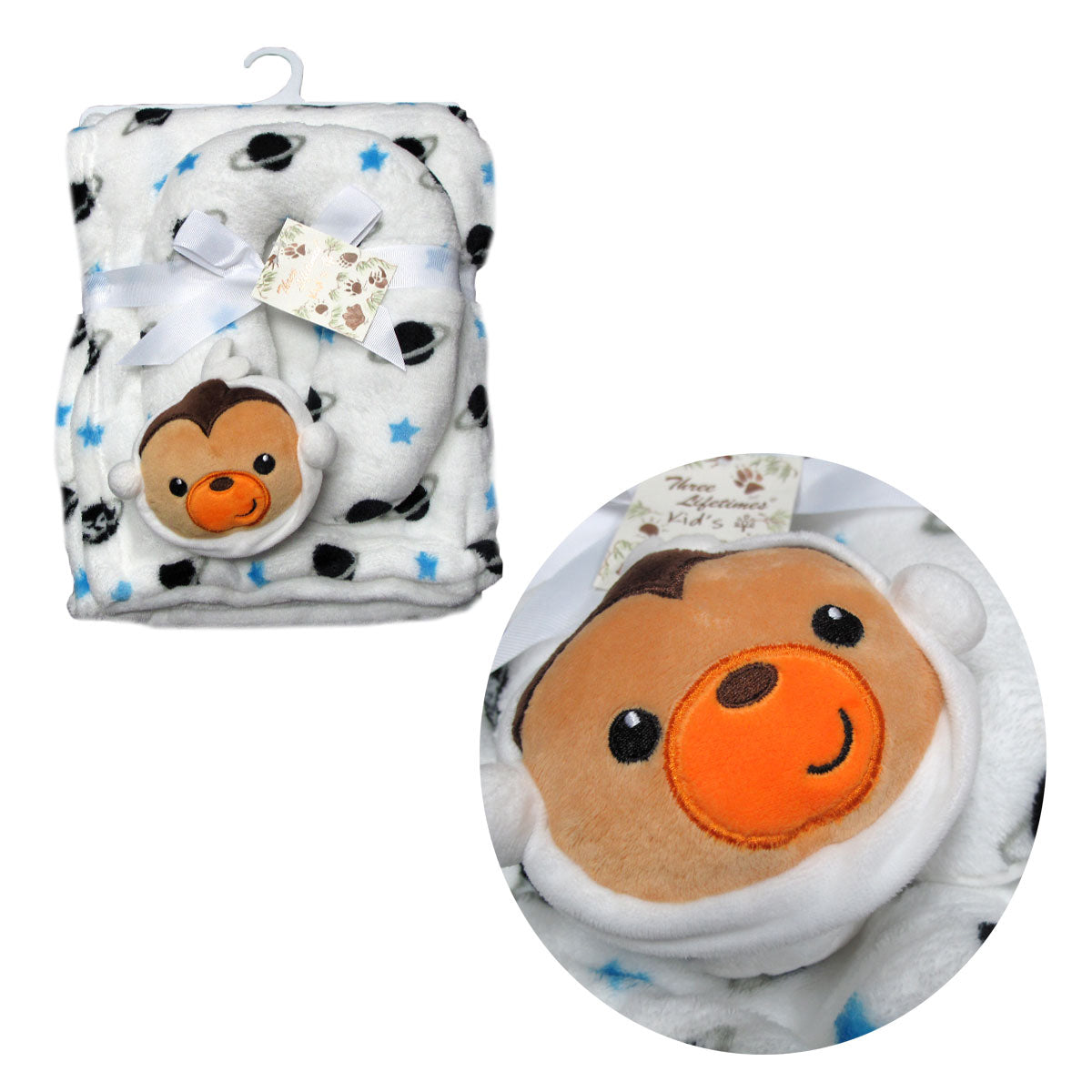 Cuddly baby monkey fleece blanket and pillow set, perfect for nursery décor and comfort.
