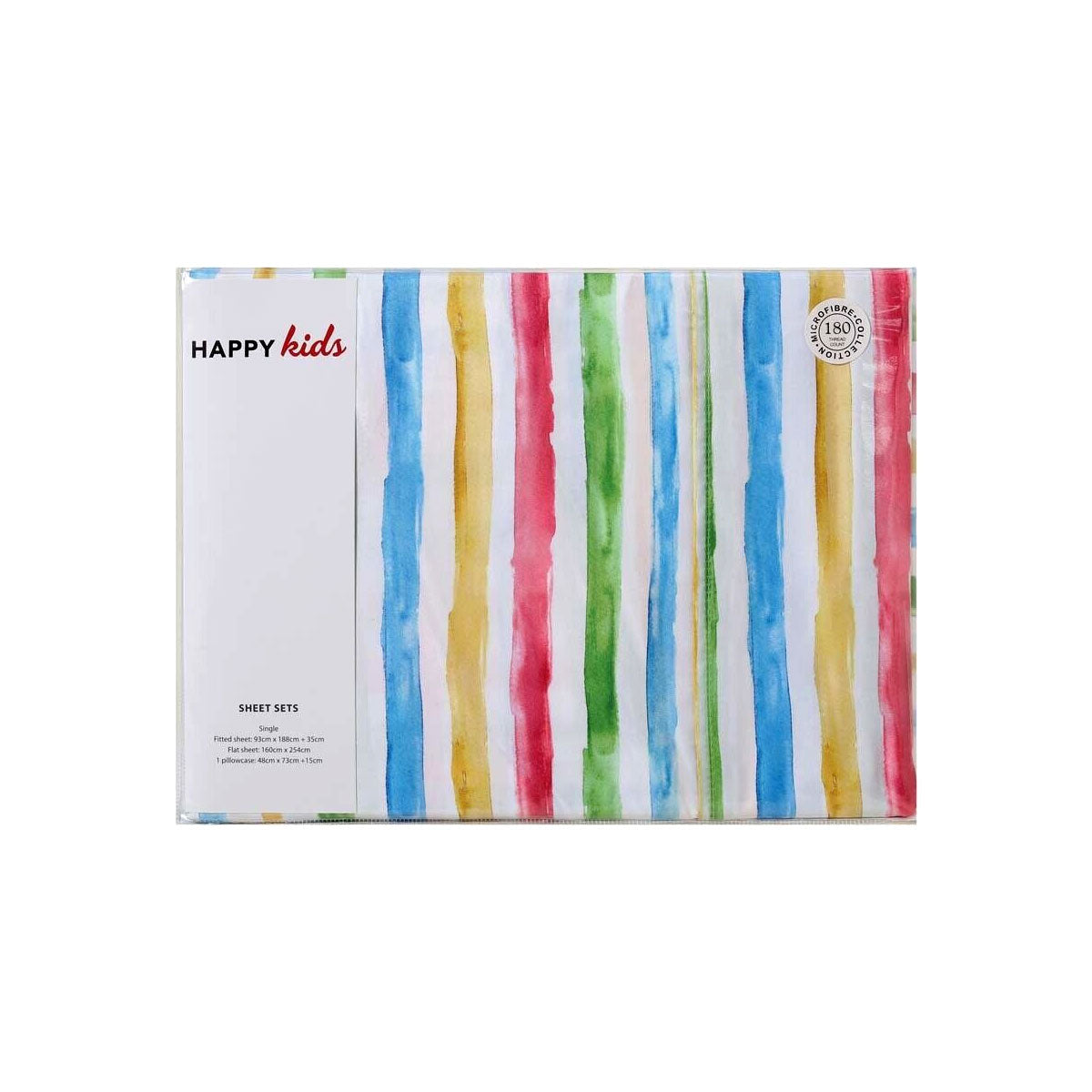 Vibrant striped microfibre sheet set for kids beds, from Happy Kids, adds playful decor.
