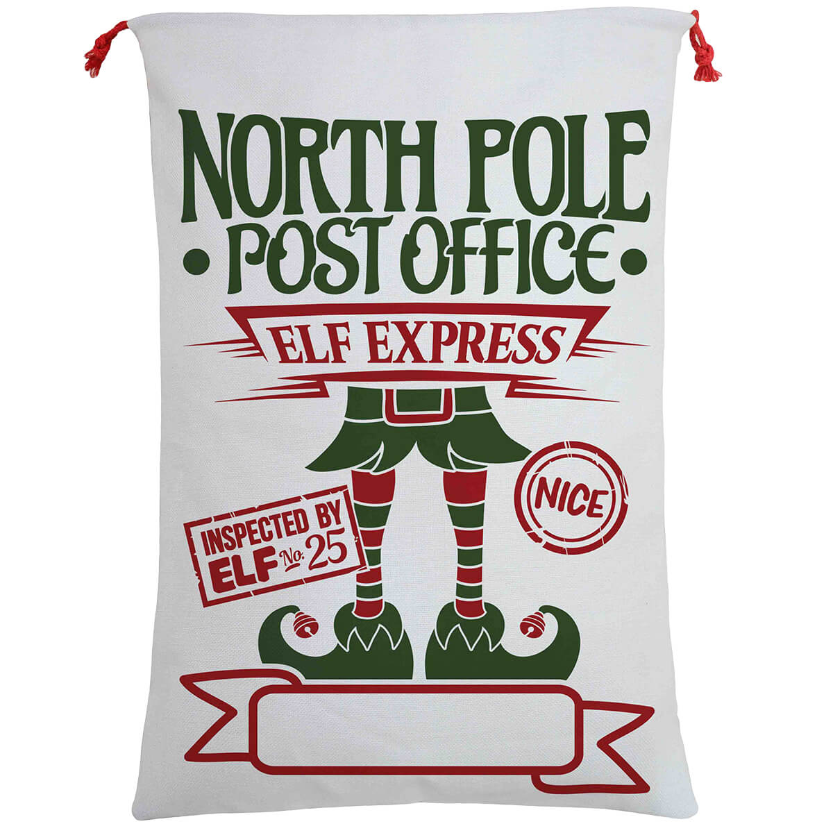 Large canvas Christmas sack designed for kids gifts from Elf Express, festive and durable.