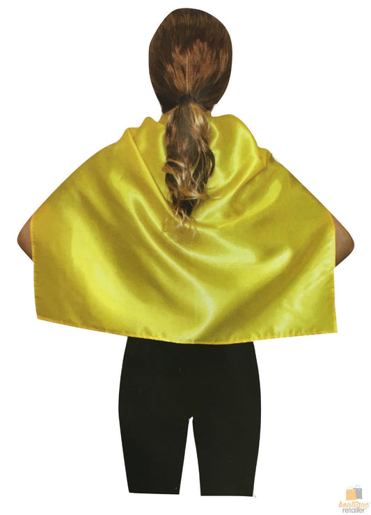 Yellow kids short cape for costumes and events, perfect for playtime and school fun.