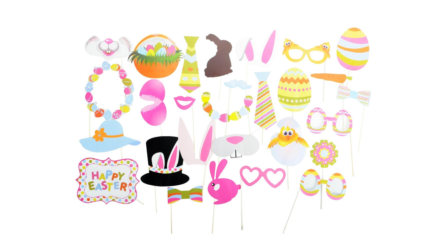 Easter-themed photo booth props set with bunny & egg designs, perfect for childrens parties.