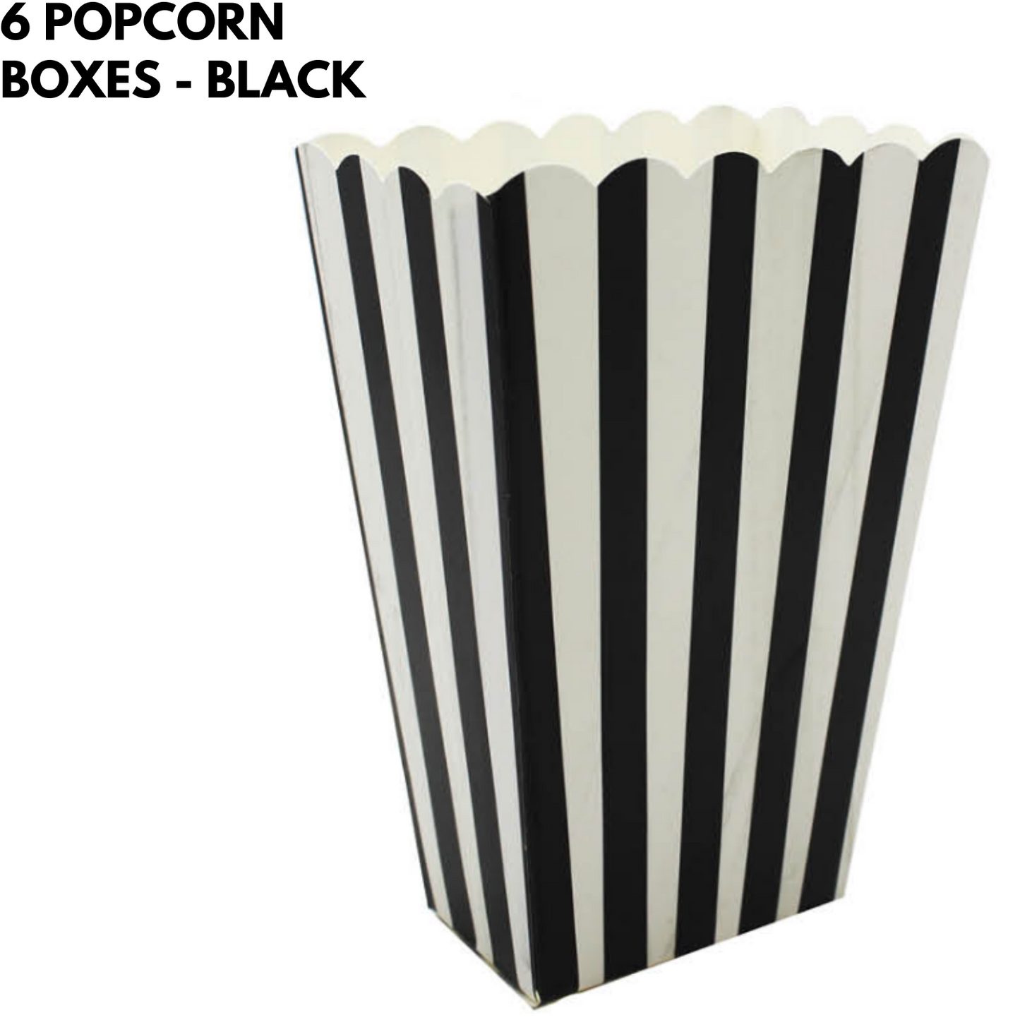 6-pack black cinema popcorn boxes for kids parties, adding retro vibe to movie nights.
