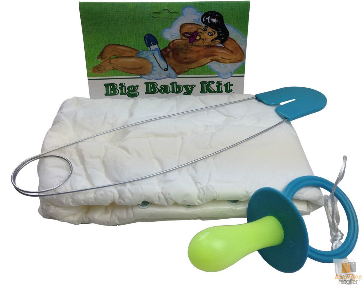 Adult baby costume with giant diaper, dummy, and jumbo pin for Halloween dress-up.