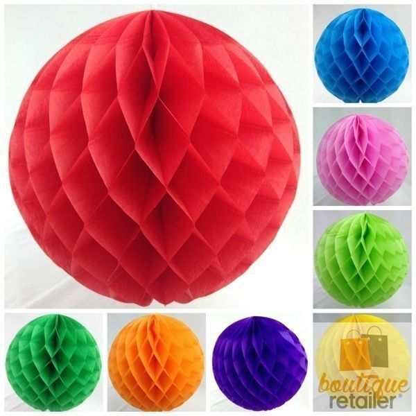 Vibrant 12-pack of kid-friendly tissue paper honeycomb balls for festive party decorations.