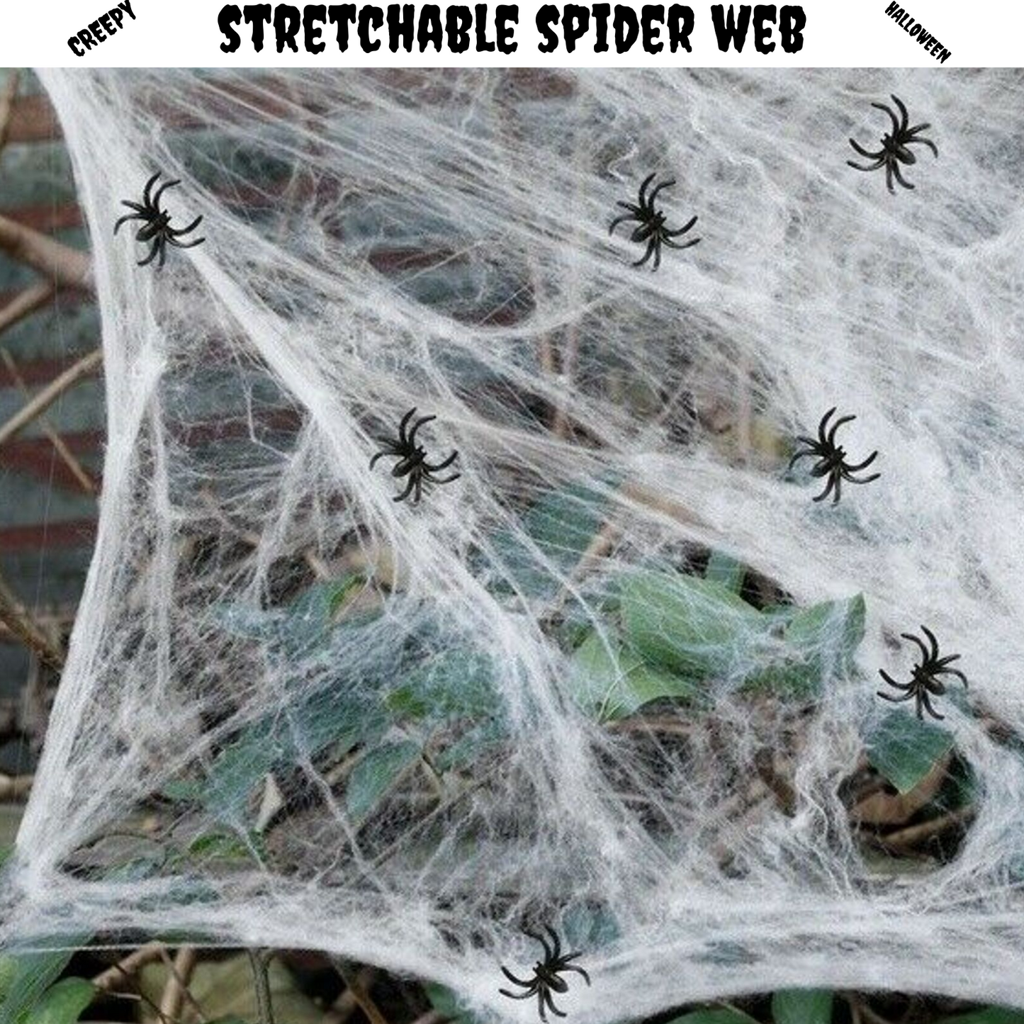 Child-friendly stretchable spider web Halloween decoration with 2 spiders for spooky home fun.