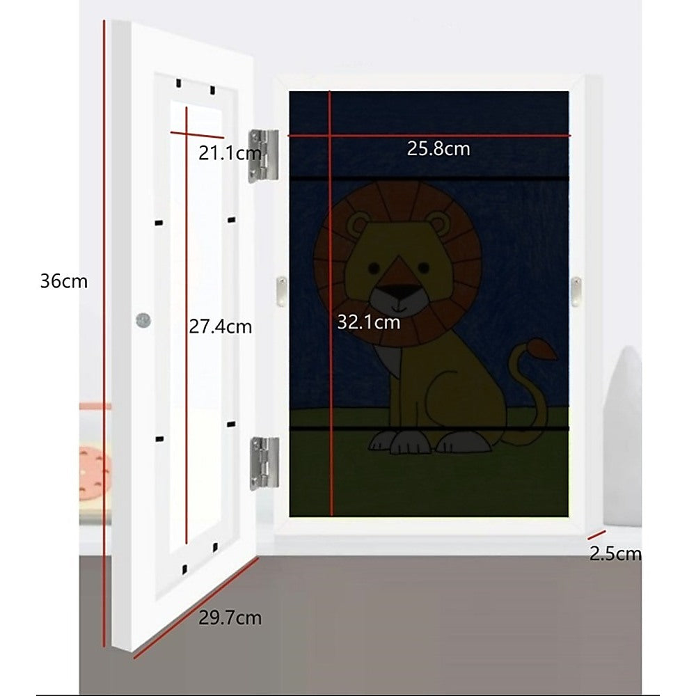 Kids art display frame with magnetic front opening, holds 150 pieces, perfect for showcasing childrens artwork at home.