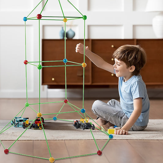 Kids fort building kit with 217 pieces for castle and tent construction play at home.