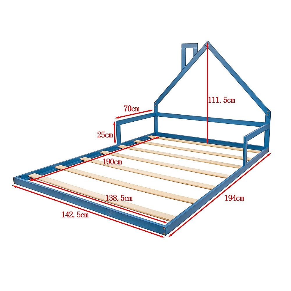 Pine Wood Kids House Bed Frame in Blue Double Size for playful bedroom decor.