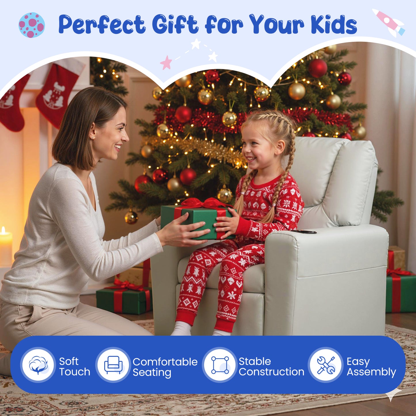 Grey Velvet Kids Recliner | Push Back Sofa with Footrest Grey Velvet Kids Recliner | Push Back Sofa with Footrest