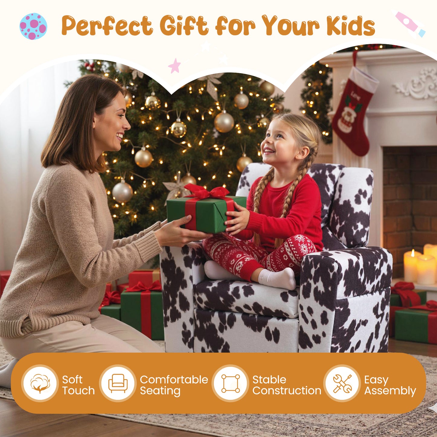 Kids Push Back Recliner | Adjustable Velvet Sofa Black White
