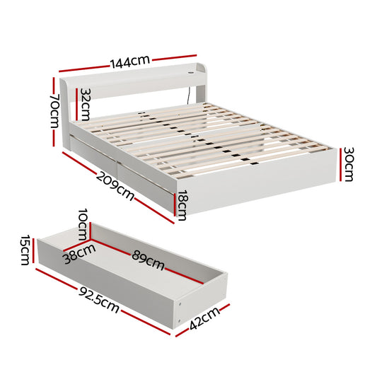 Artiss double bed frame with charging ports and storage drawers for kids bedrooms.
