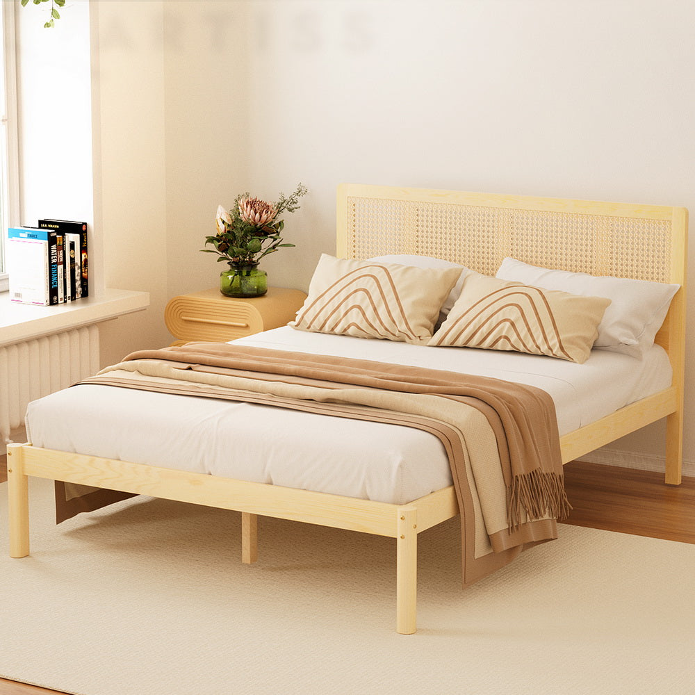 Artiss Rita Double Bed Frame with Rattan Headboard, charming and durable kids bedroom furniture.