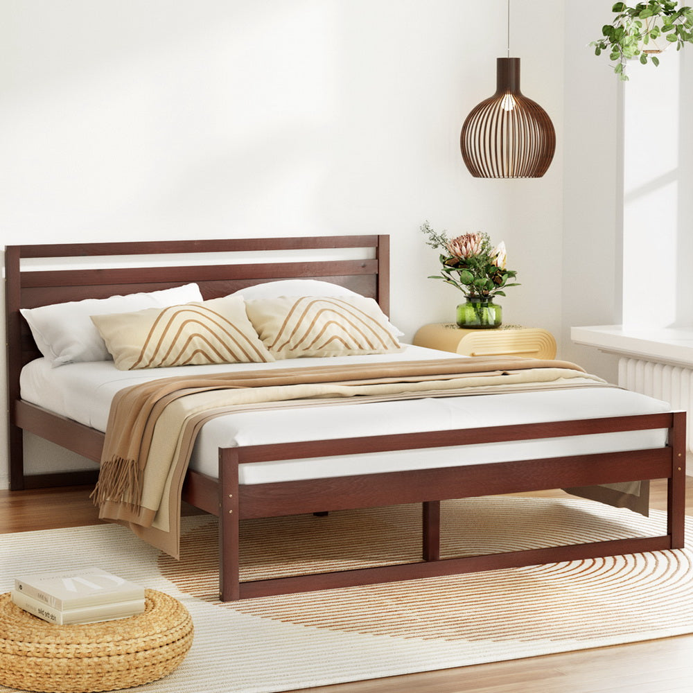 Artiss Witton double bed frame in walnut pinewood for cozy and durable childrens bedroom.