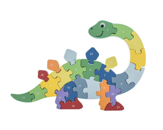 Educational A to Z dinosaur puzzle featuring chunky pieces for easy handling and prehistoric illustrations.