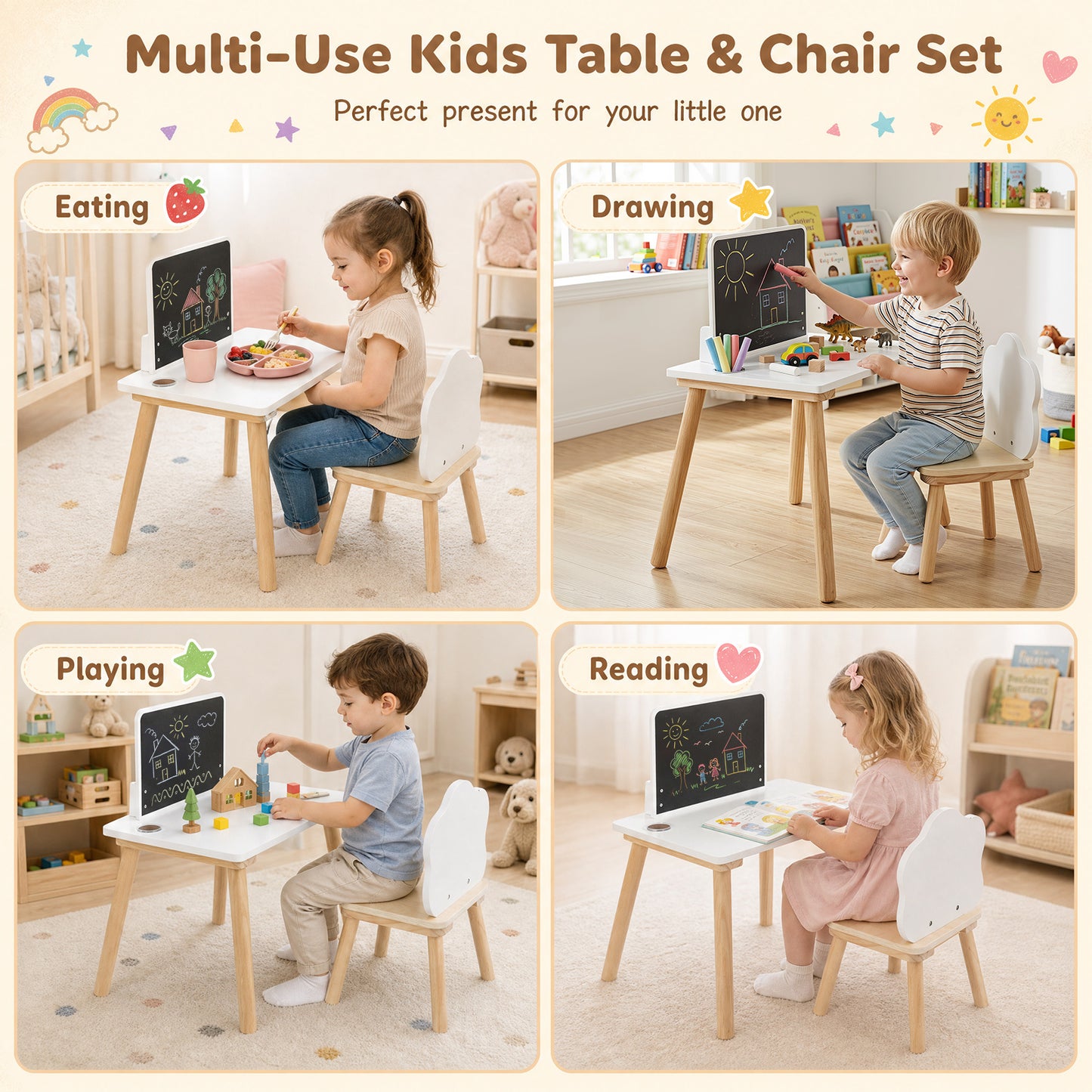 White Kids Weaning Table & Chair Set With Chalkboard | Pine Wood