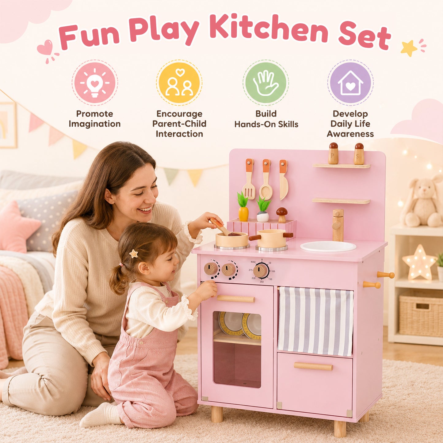 Pink Wooden Play Kitchen Set | Role Play Toy for Kids
