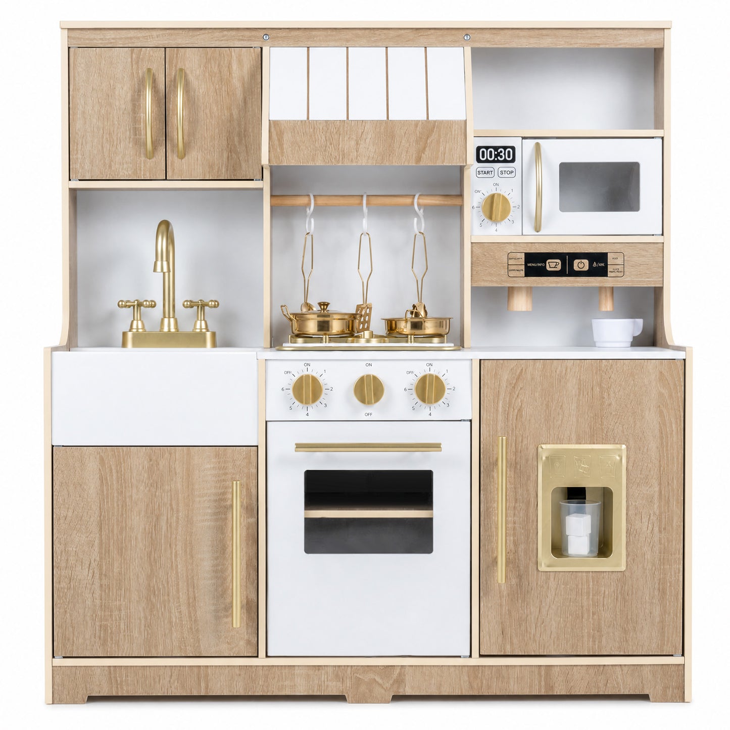 Costway Wooden Play Kitchen with Lights & Sounds and Ice Maker Stove Sink for Toddlers Ages 3+-Natural