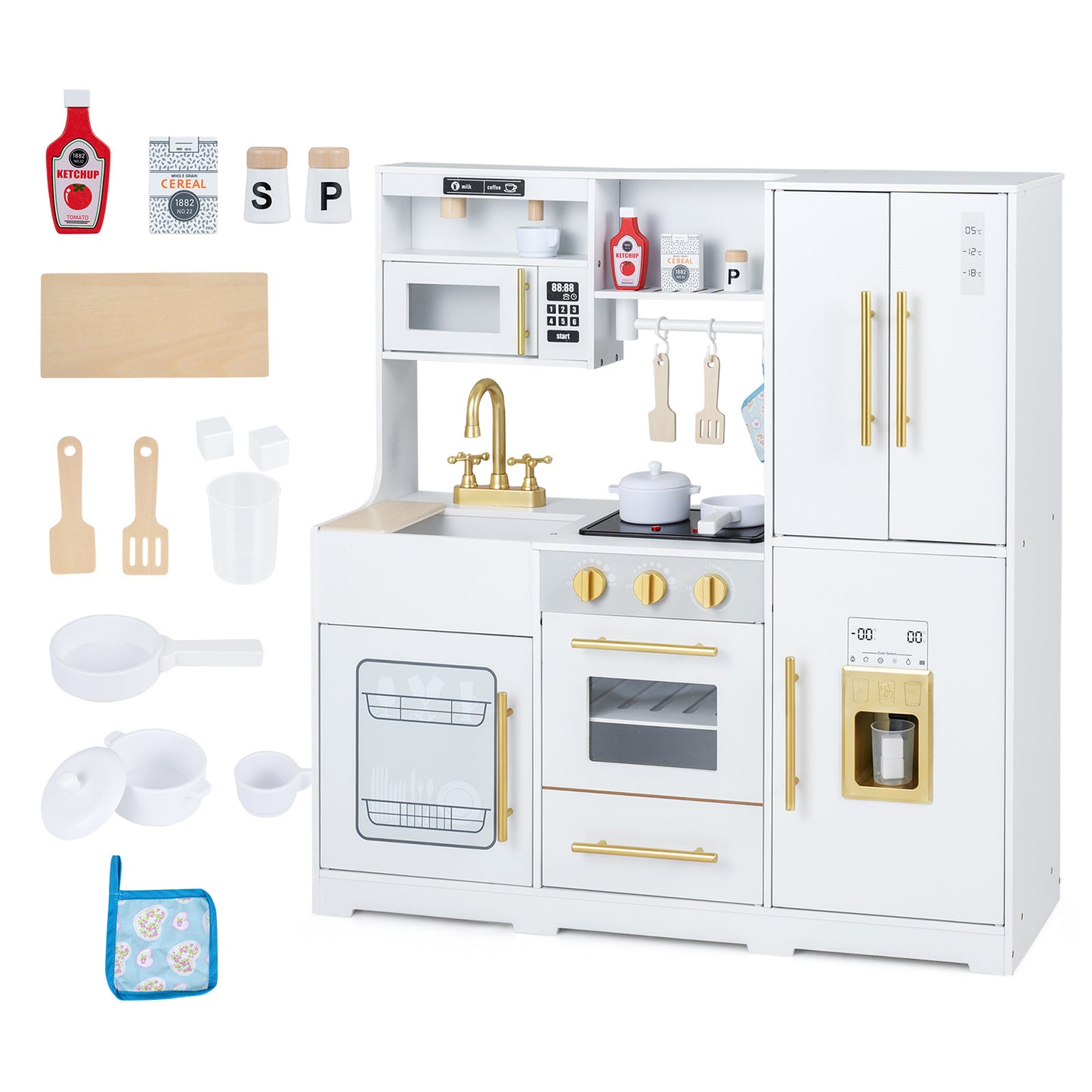 Costway Wooden Play Kitchen with Lights & Sounds and Sink Stove Oven for Kids Ages 3+-White