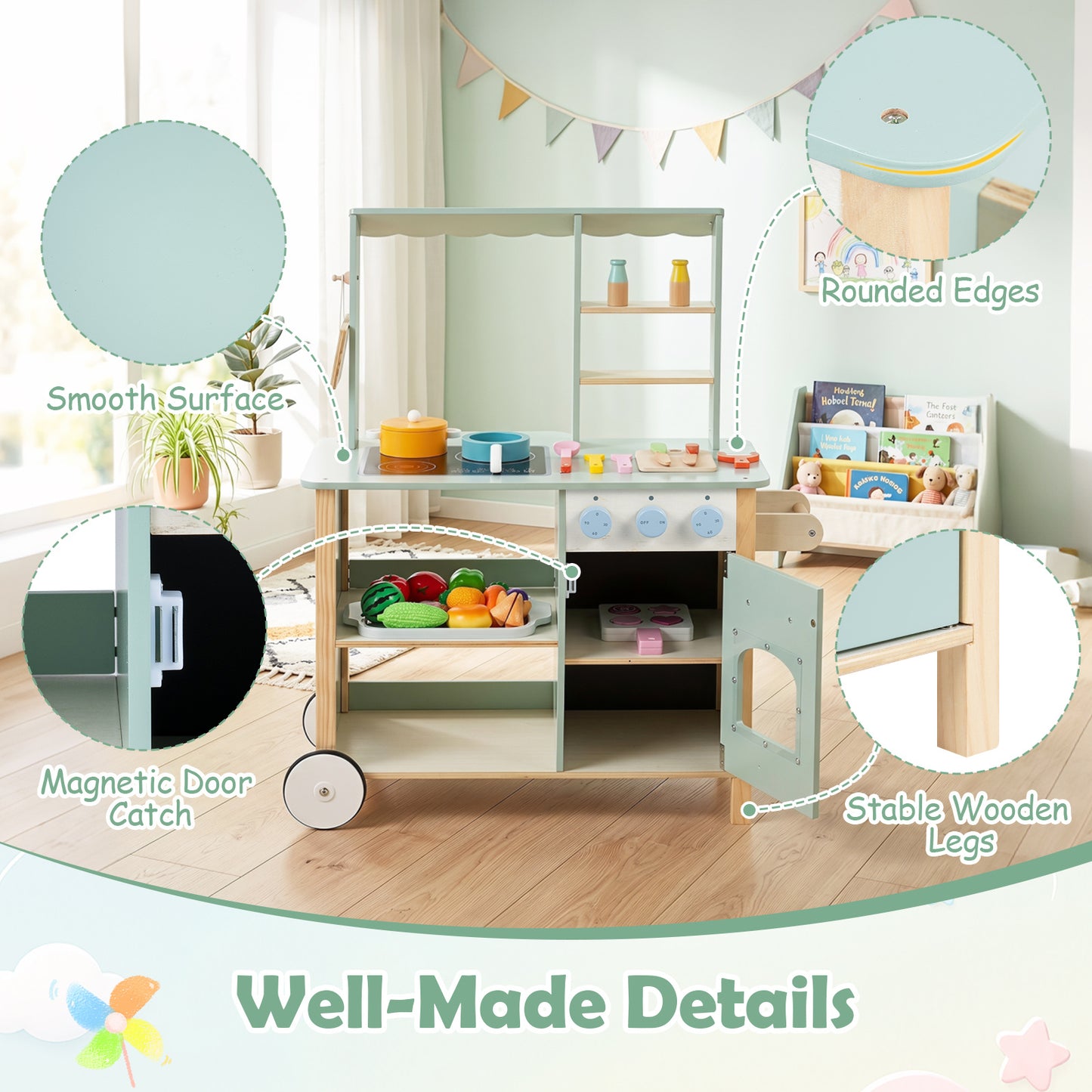 Green Wooden Play Kitchen With Oven Stove & Rolling Wheels