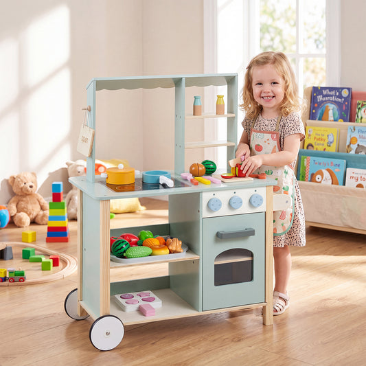 Green Wooden Play Kitchen With Oven Stove & Rolling Wheels