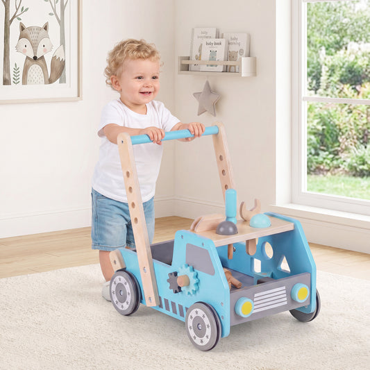 Blue 2-In-1 Wooden Baby Walker | Adjustable Speed & Storage