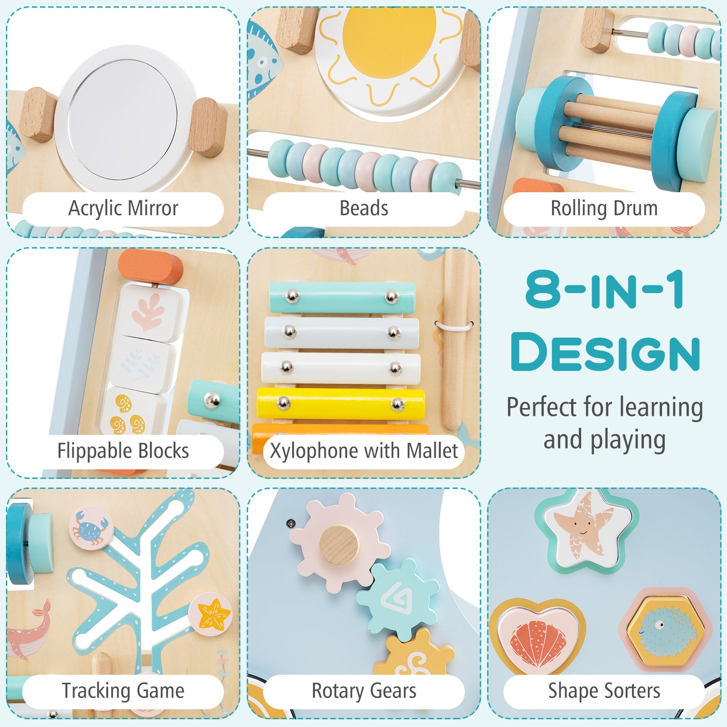 8-In-1 Blue Wooden Baby Walker | Activity Center With Wheels