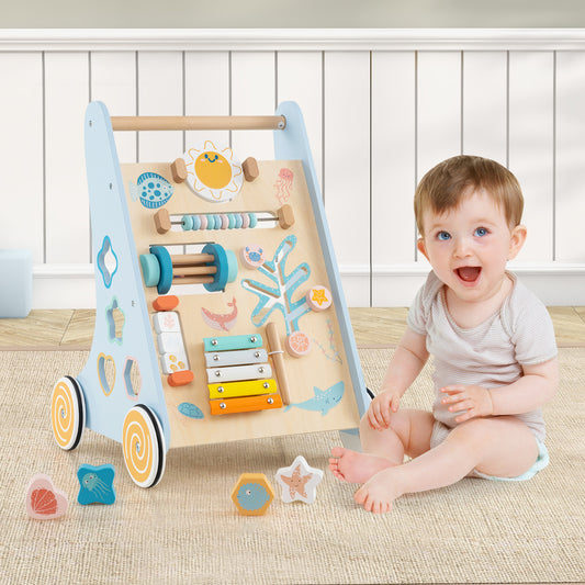 8-In-1 Blue Wooden Baby Walker | Activity Center With Wheels