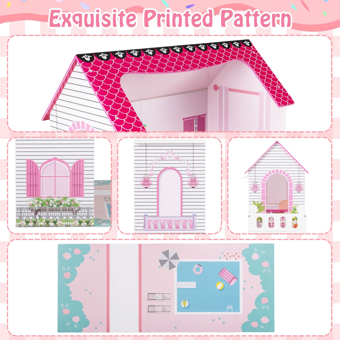 Pink Wooden Dollhouse 3-Story | 17 Furniture Pieces & Pool