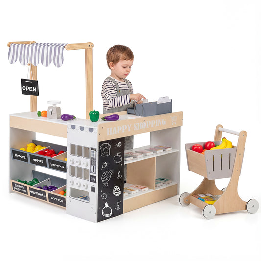 Natural Wood Kids Grocery Store Playset | Shopping Cart Vending