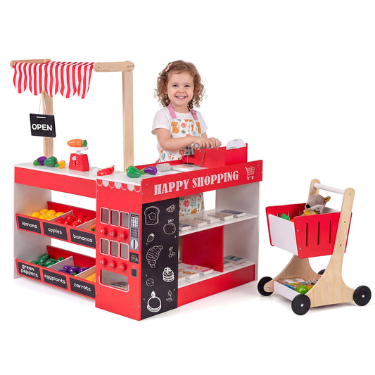 Red Kids Grocery Store Playset | Shopping Cart Vending Machine
