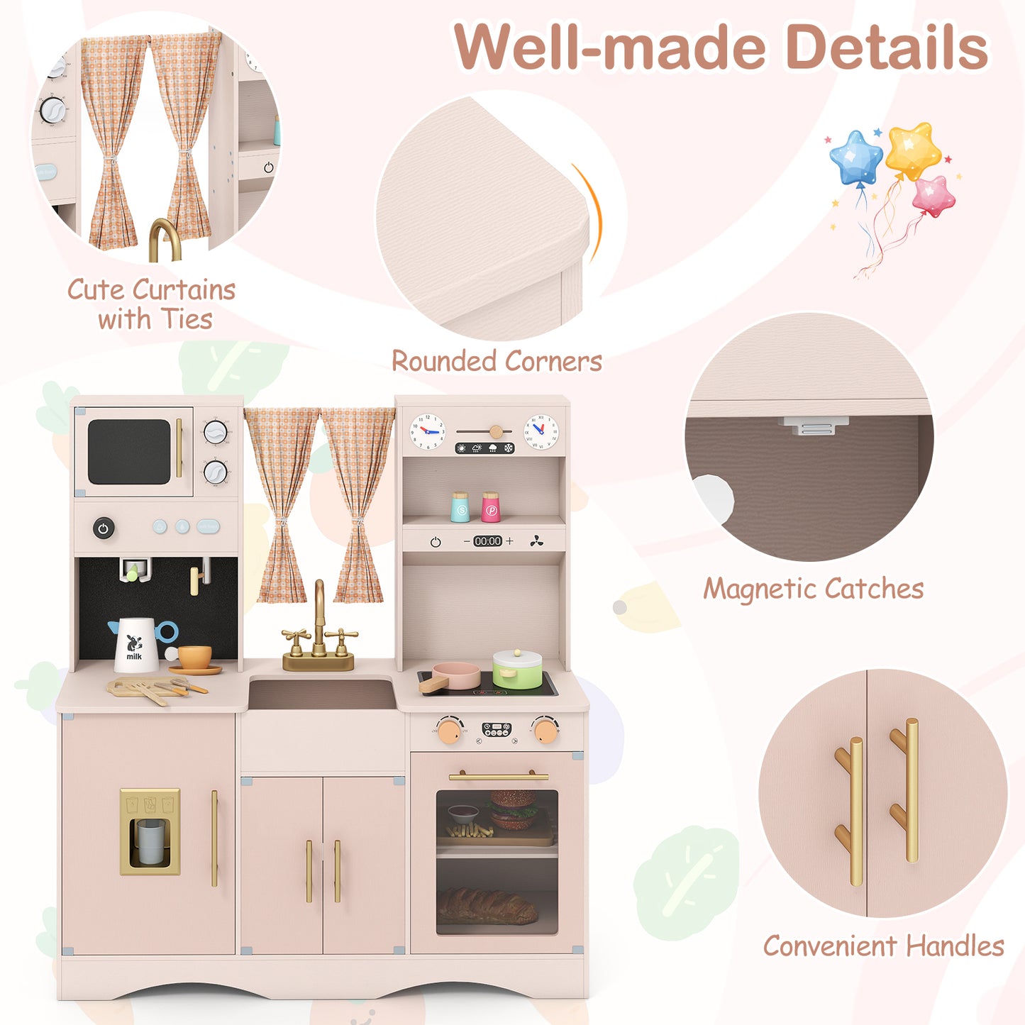Pink Wooden Kids Kitchen Playset | Microwave Sink