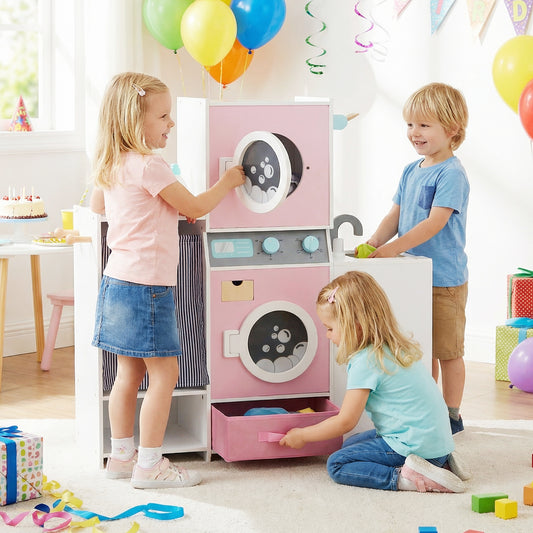 Pink Wooden Kids Laundry Playset | Dual Washer Iron Board Set