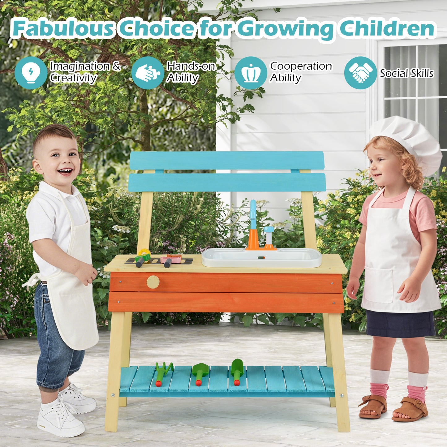 Wooden Kids Play Kitchen | Removable Sink Grill Rack Blue Wooden Kids Play Kitchen | Removable Sink Grill Rack Blue