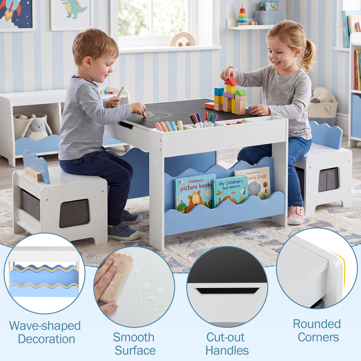 Blue Wooden Kids Table & 2 Chairs Set | Reversible Chalkboard Top