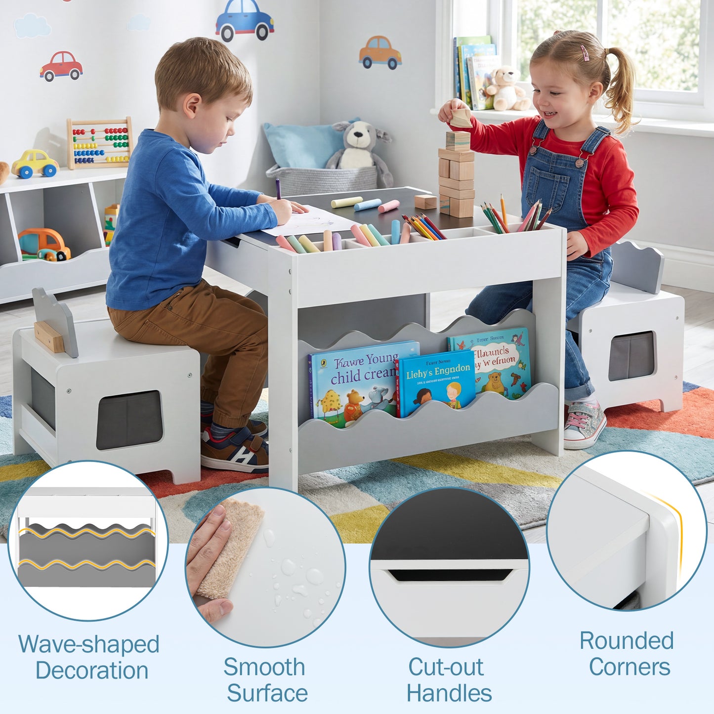 Grey Wooden Kids Table & Chairs Set | Reversible Chalkboard Top