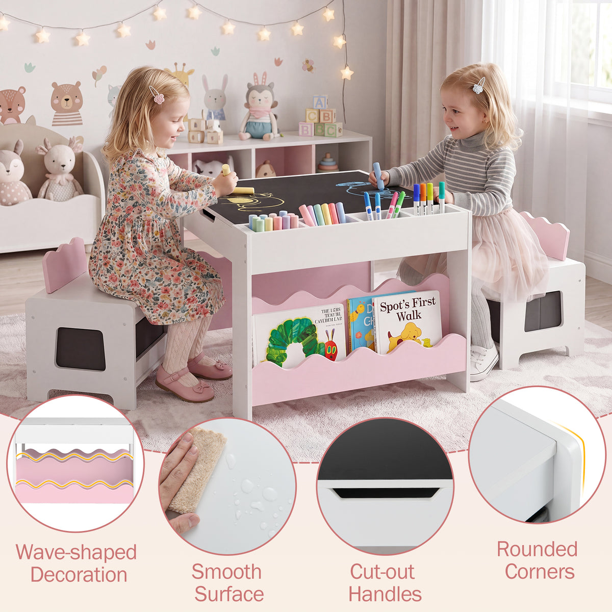 Pink Wooden Kids Table & Chairs Set | Reversible Chalkboard Top