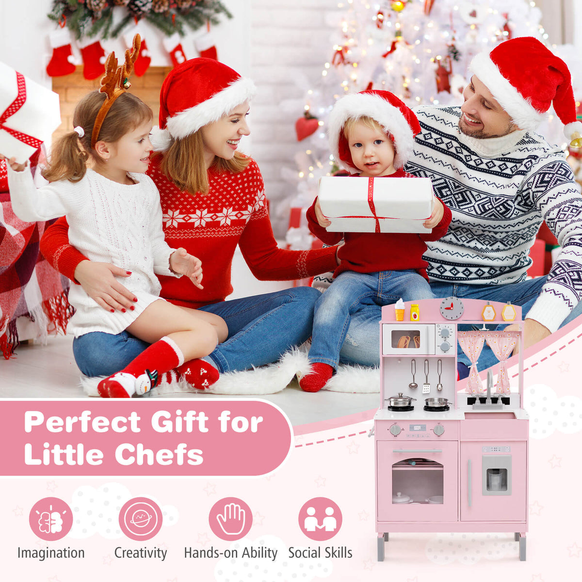 Pink Wooden Play Kitchen | 3 Adjustable Heights & Ice Maker