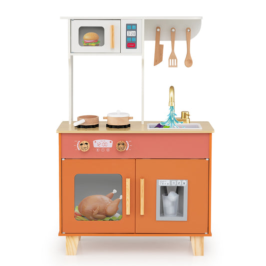Orange Wooden Play Kitchen | Microwave & Ice Dispenser Ages 3-6
