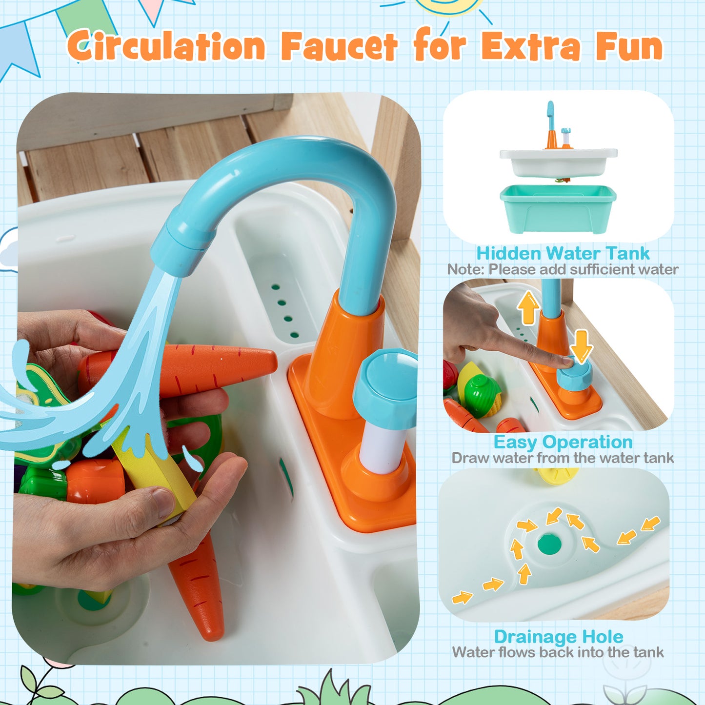 Orange Wooden Kids Kitchen Playset | Circulation Faucet & Grill