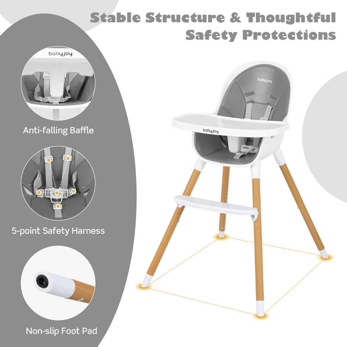 Multifunctional 4-in-1 baby high chair with adjustable tray for versatile home feeding.
