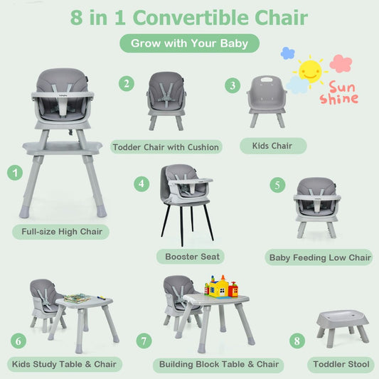 High Chair Grey | 8-in-1 Convertible Seat with Block Table