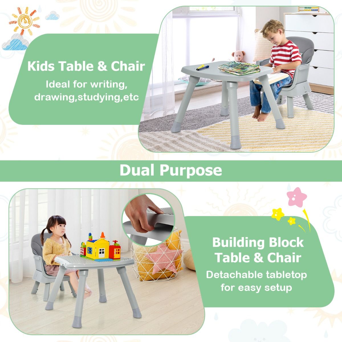 High Chair Grey | 8-in-1 Convertible Seat with Block Table