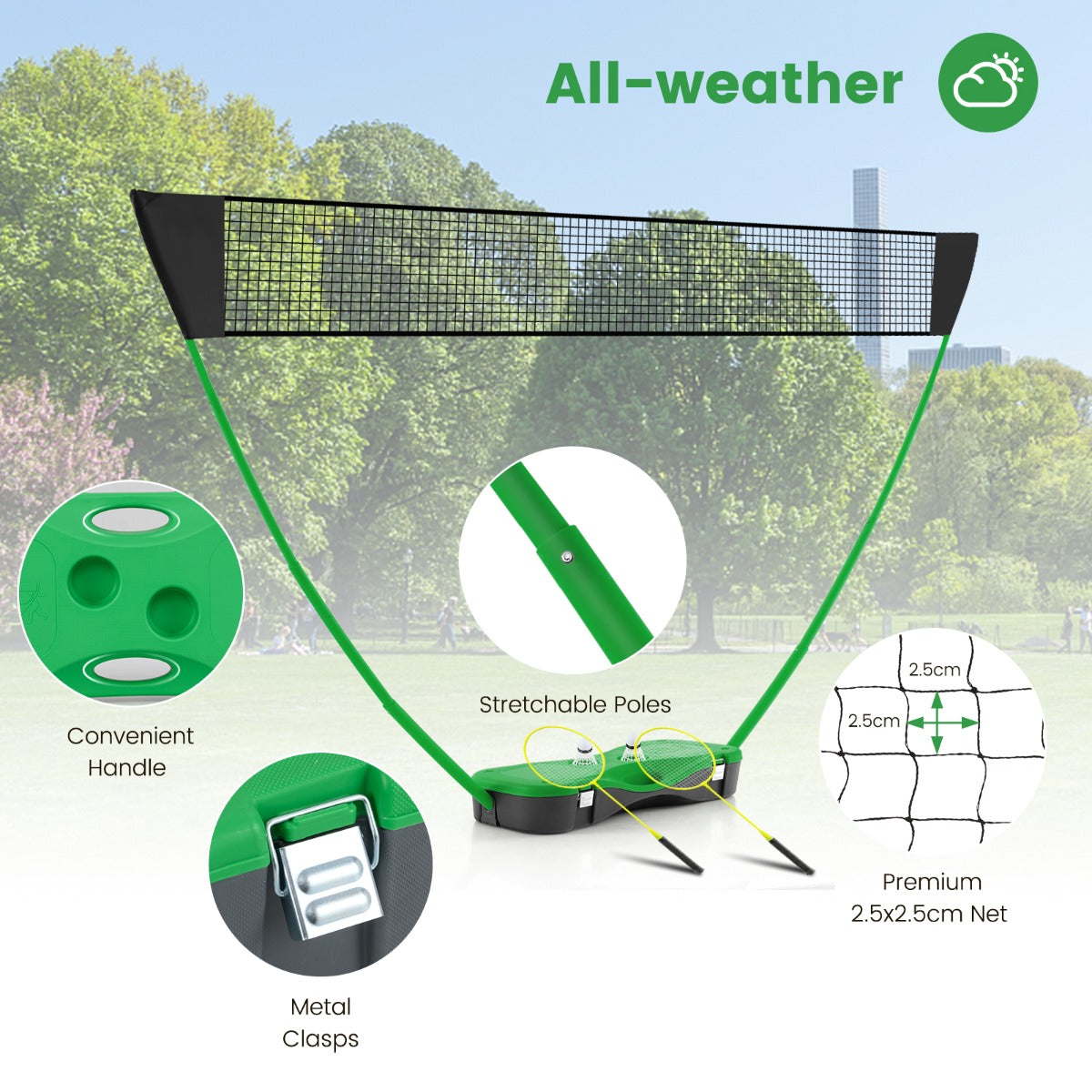 Portable Badminton Set | 2 Rackets Storage Base Net Green