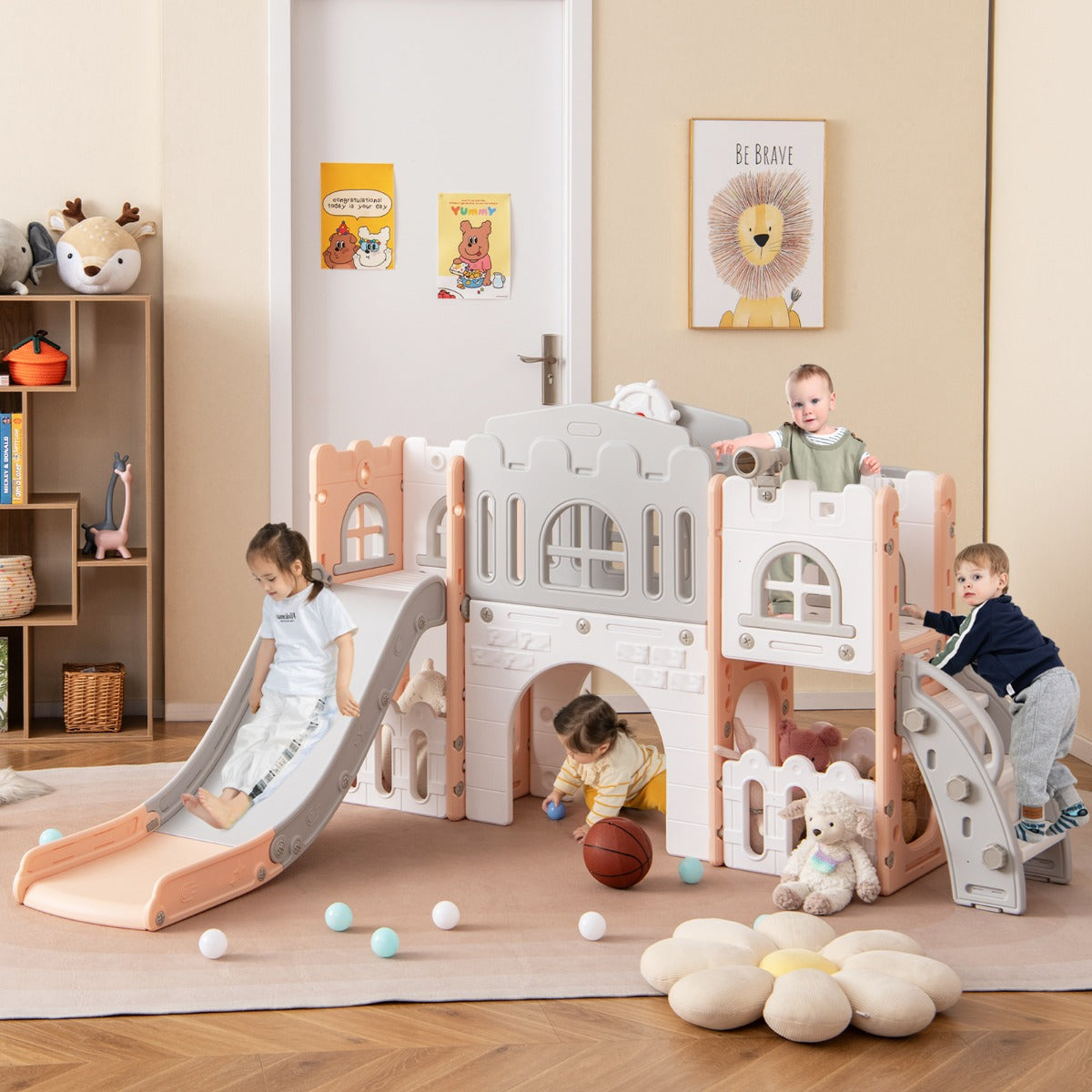 L Shaped Toddler Slide | Basketball Hoop Tunnel Climber Grey