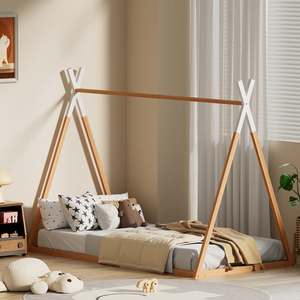 Single oak kids house bed frame by Artiss, adding charm and warmth to childrens rooms.
