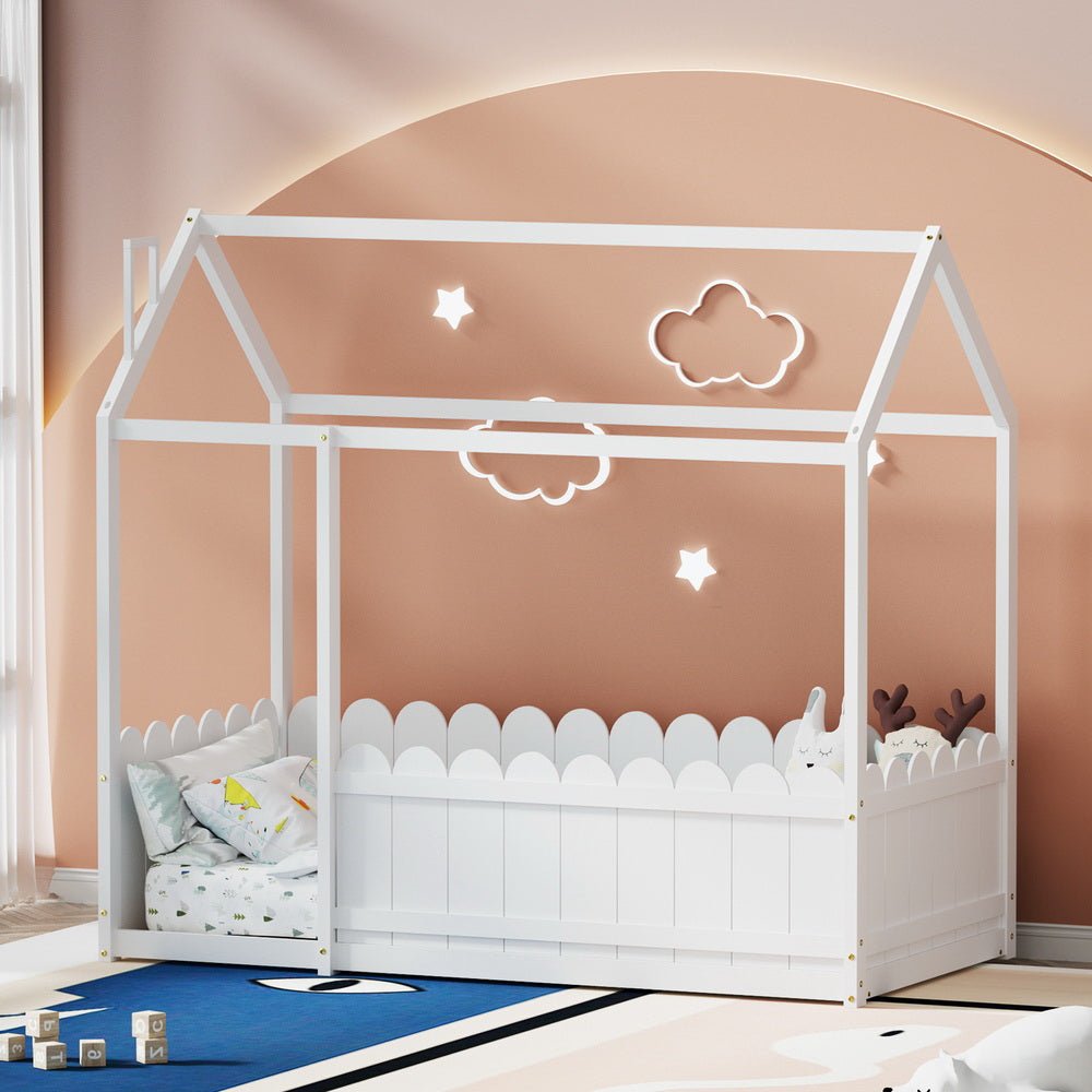 White wooden kids house bed frame designed for single bed, adding fun to childrens rooms.